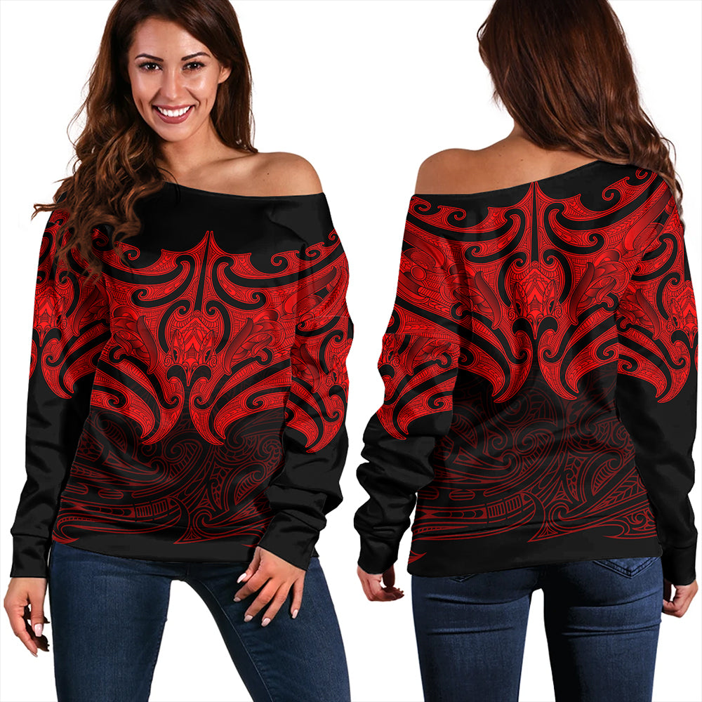 New Zealand Off Shoulder Sweatshirt Maori Red Pattern