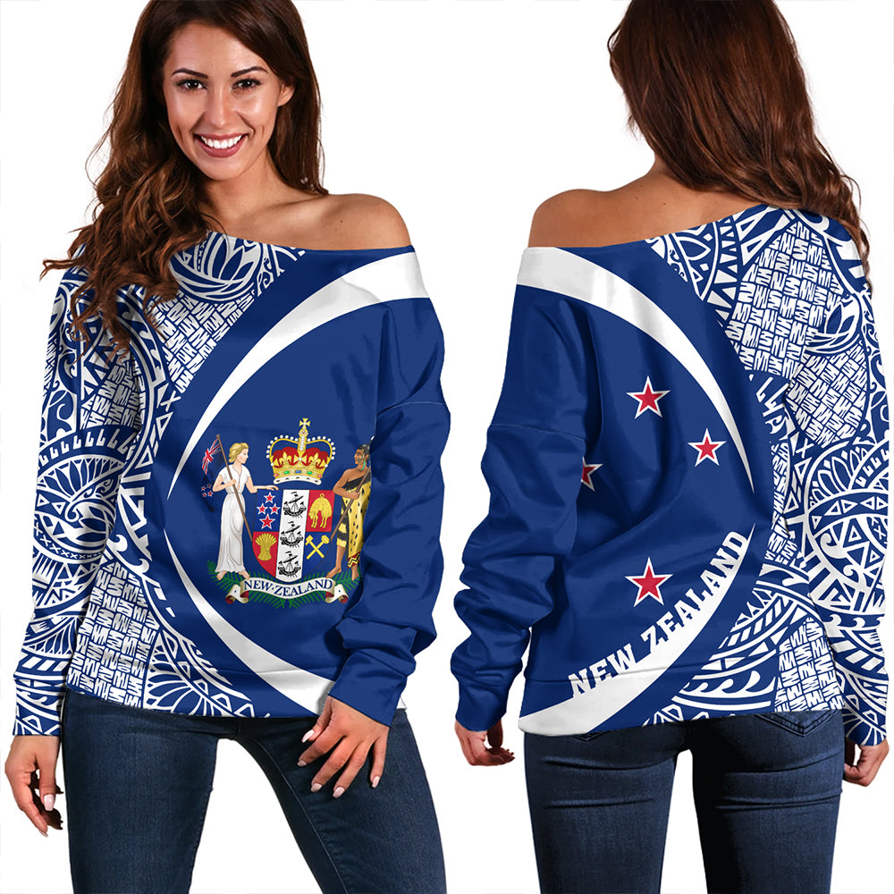 New Zealand Off Shoulder Sweatshirt Coat Of Arm Lauhala White Circle