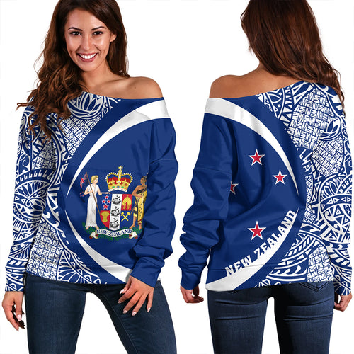 New Zealand Off Shoulder Sweatshirt Coat Of Arm Lauhala White Circle