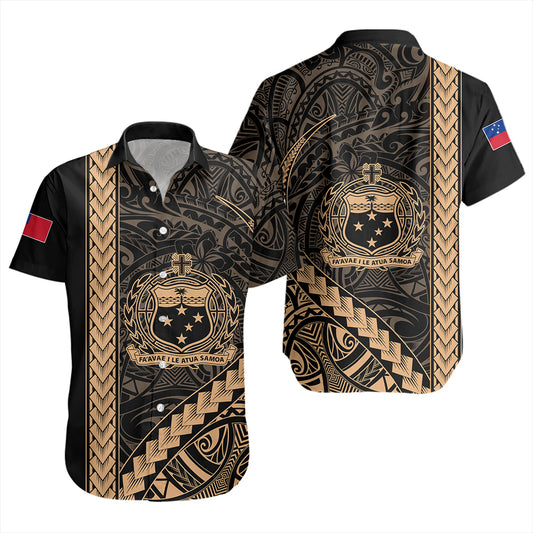 Samoa Short Sleeve Shirt Tribal Polynesian Coat Of Arms Gold