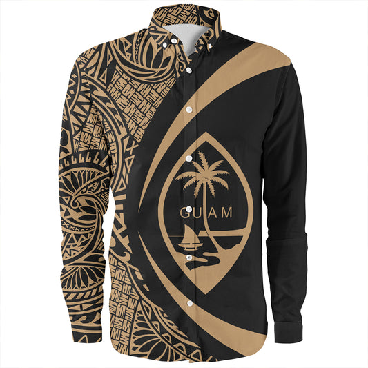 Guam Long Sleeve Shirt Coat Of Arm Lauhala Gold Circle