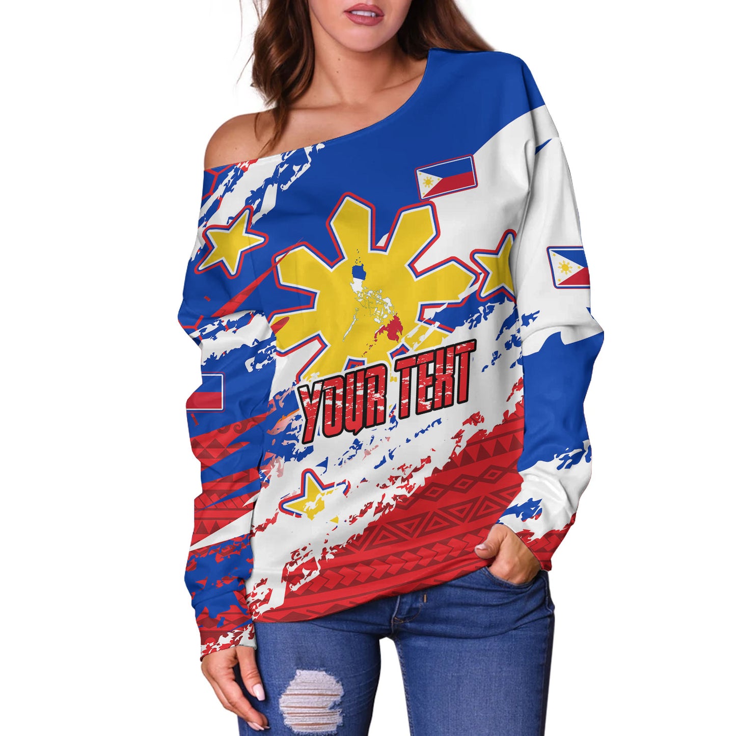 Philippines Filipinos Off Shoulder Sweatshirt Custom Filipino Sun 3 Stars Bicolor Flag Tribal Grunge Style