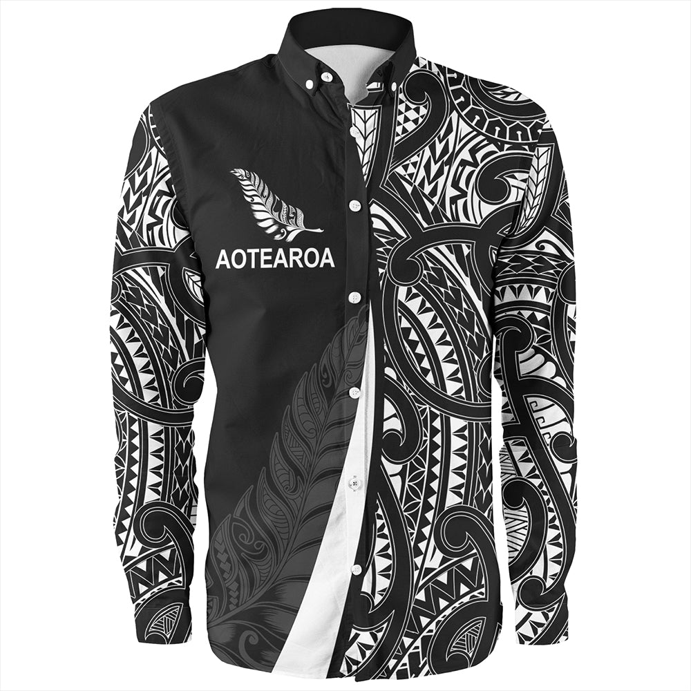 New Zealand Long Sleeve Shirt Country Aotearoa Maori Pattern Silver Fern