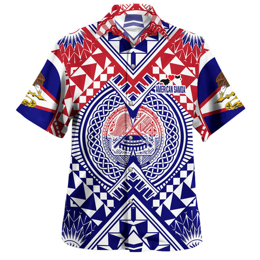American Samoa Hawaiian Shirt Custom AS Coat Of Arms Polynesian Art Tattoo Sleeve