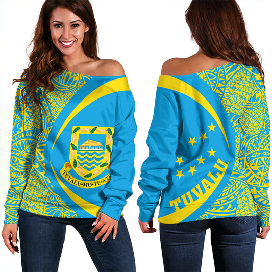 Tuvalu Off Shoulder Sweatshirt Coat Of Arm Lauhala Circle