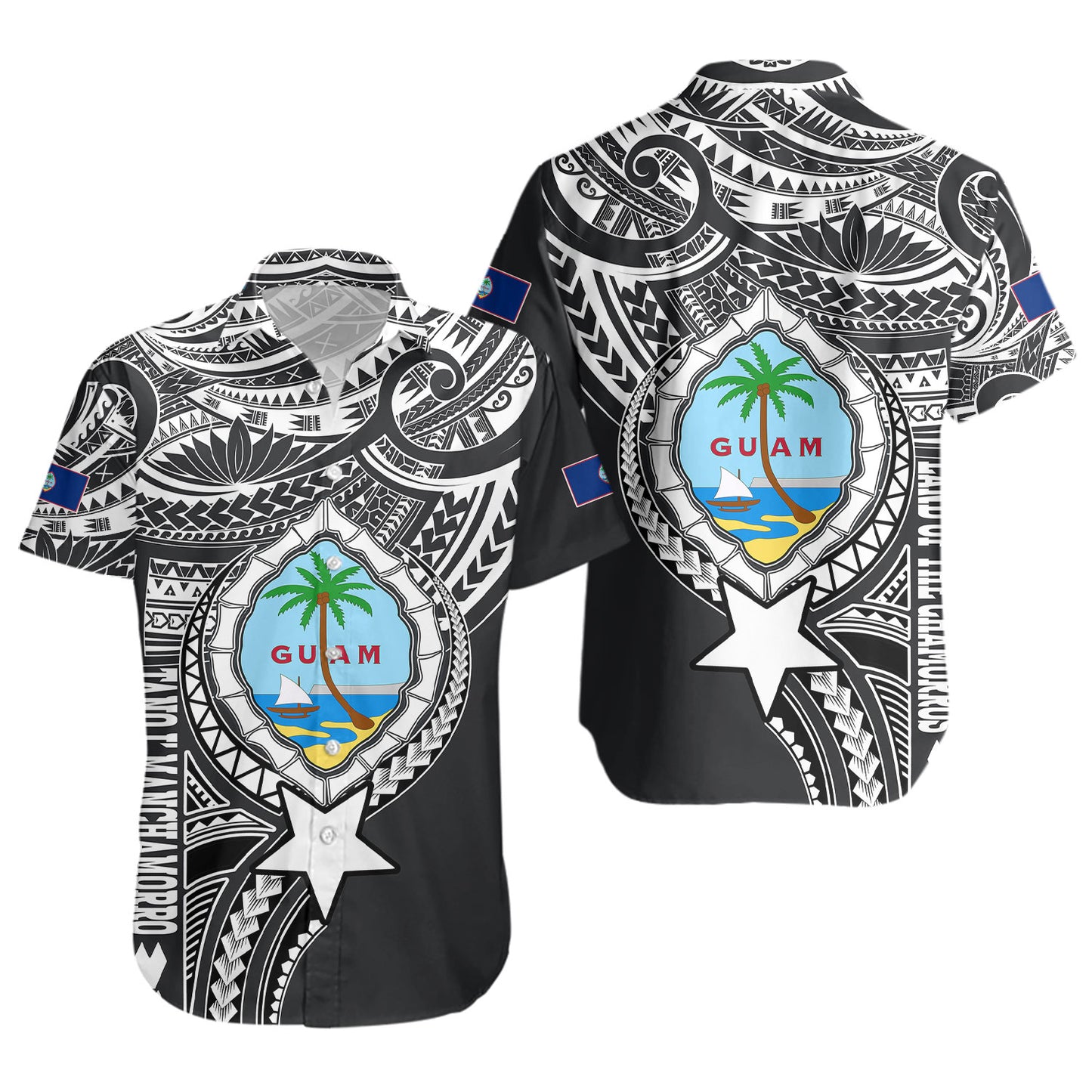 Guam Short Sleeve Shirt Custom Guam Coat Of Arms Polynesian Half Body Tattoo Black Style