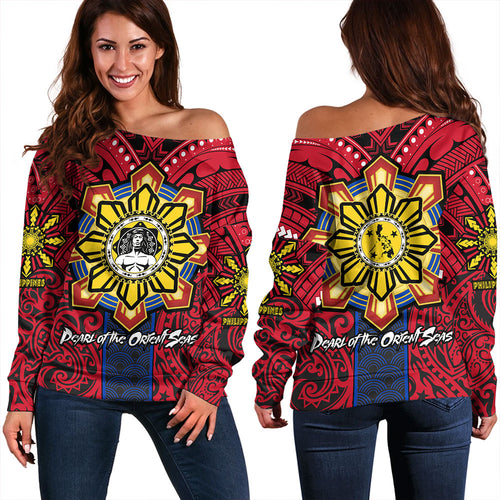 Philippines Off Shoulder Sweatshirt The Story of Lapu-Lapu Pearl of the Orient Seas Tribal Pride