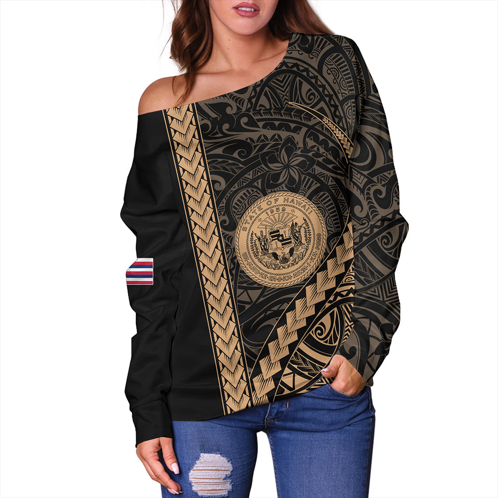 Hawaii Off Shoulder Sweatshirt Tribal Polynesian Coat Of Arms Gold