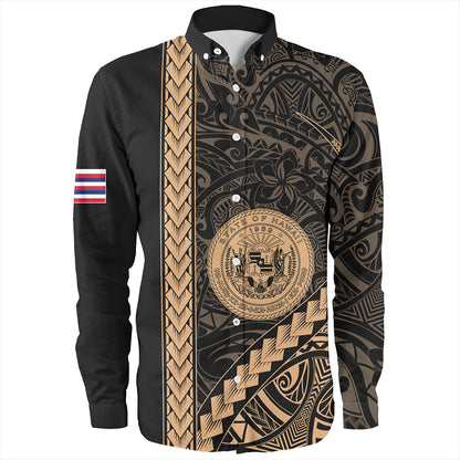 Hawaii Long Sleeve Shirt Tribal Polynesian Coat Of Arms Gold