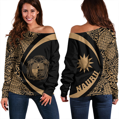 Nauru Off Shoulder Sweatshirt Coat Of Arm Lauhala Gold Circle