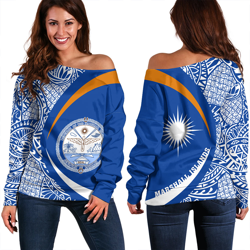 Marshall Islands Off Shoulder Sweatshirt Coat Of Arm Lauhala Circle