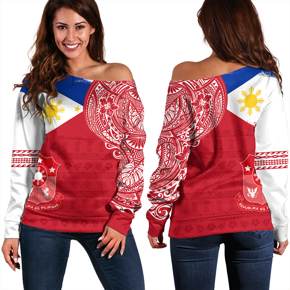Philippines Off Shoulder Sweatshirt Polynesian Flag With Coat Of Arms