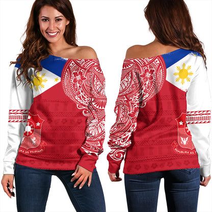 Philippines Off Shoulder Sweatshirt Polynesian Flag With Coat Of Arms