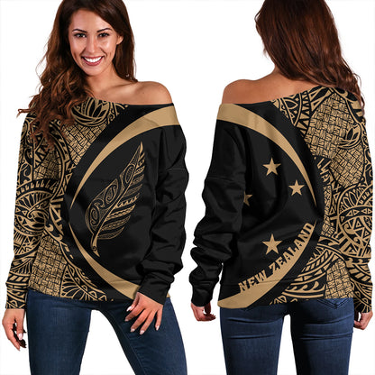 New Zealand Off Shoulder Sweatshirt Silver Fern Lauhala Gold Circle