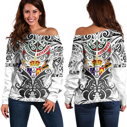 New Zealand Aotearoa Off Shoulder Sweatshirt Maori Traditional Hongi - The Breath Of Life Coat Of Arms Tribal Patterns