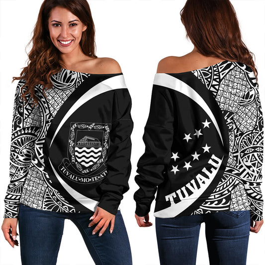 Tuvalu Off Shoulder Sweatshirt Coat Of Arm Lauhala White Circle