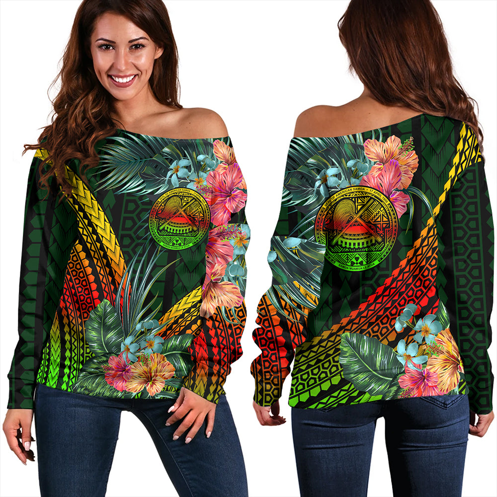 American Samoa Off Shoulder Sweatshirt Polynesian Tropical Style Flower