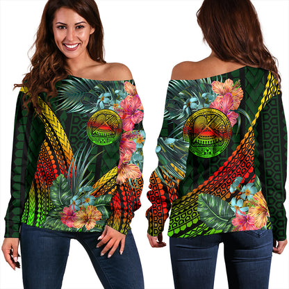 American Samoa Off Shoulder Sweatshirt Polynesian Tropical Style Flower