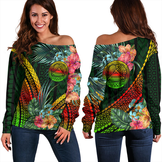 American Samoa Off Shoulder Sweatshirt Polynesian Tropical Style Flower