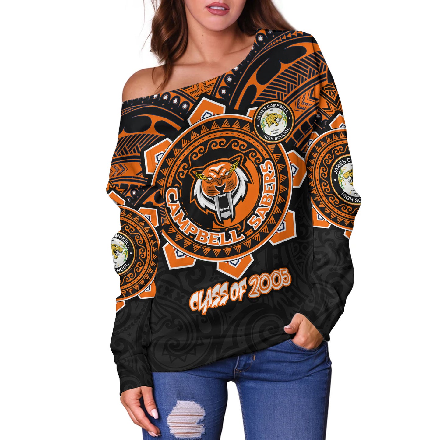 Hawaii Off Shoulder Sweatshirt - Custom James Campbell High School SaberNation Super Sabers Tribal Style