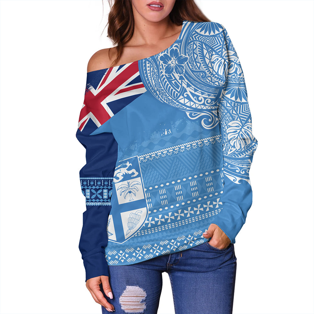 Fiji Off Shoulder Sweatshirt Polynesian Flag With Coat Of Arms