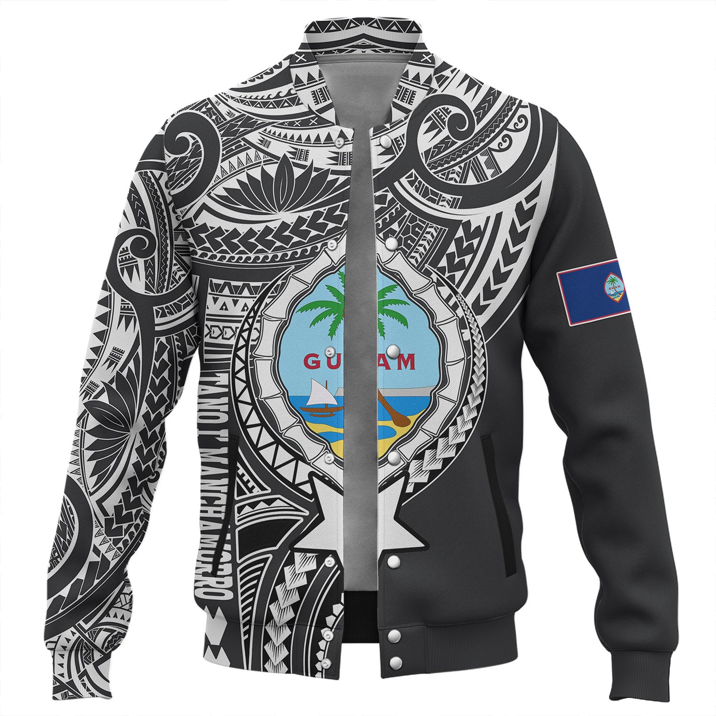 Guam Baseball Jacket Custom Guam Coat Of Arms Polynesian Half Body Tattoo Black Style