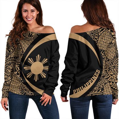 Philippines Off Shoulder Sweatshirt Coat Of Arm Lauhala Gold Circle