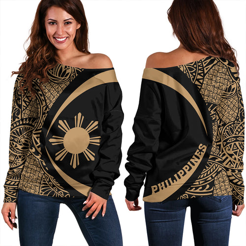 Philippines Off Shoulder Sweatshirt Coat Of Arm Lauhala Gold Circle