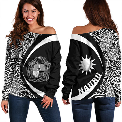 Nauru Off Shoulder Sweatshirt Coat Of Arm Lauhala White Circle