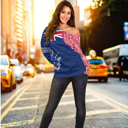 Cook Islands Off Shoulder Sweatshirt Polynesian Flag With Coat Of Arms