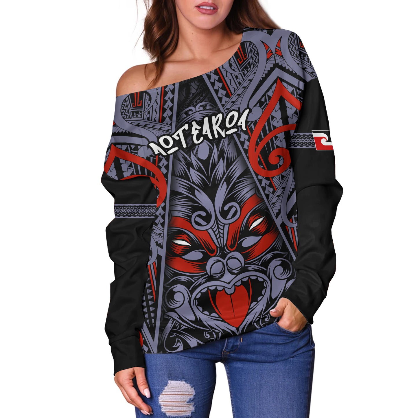 New Zealand Off Shoulder Sweatshirt Tiki Mask Aotearoa Style