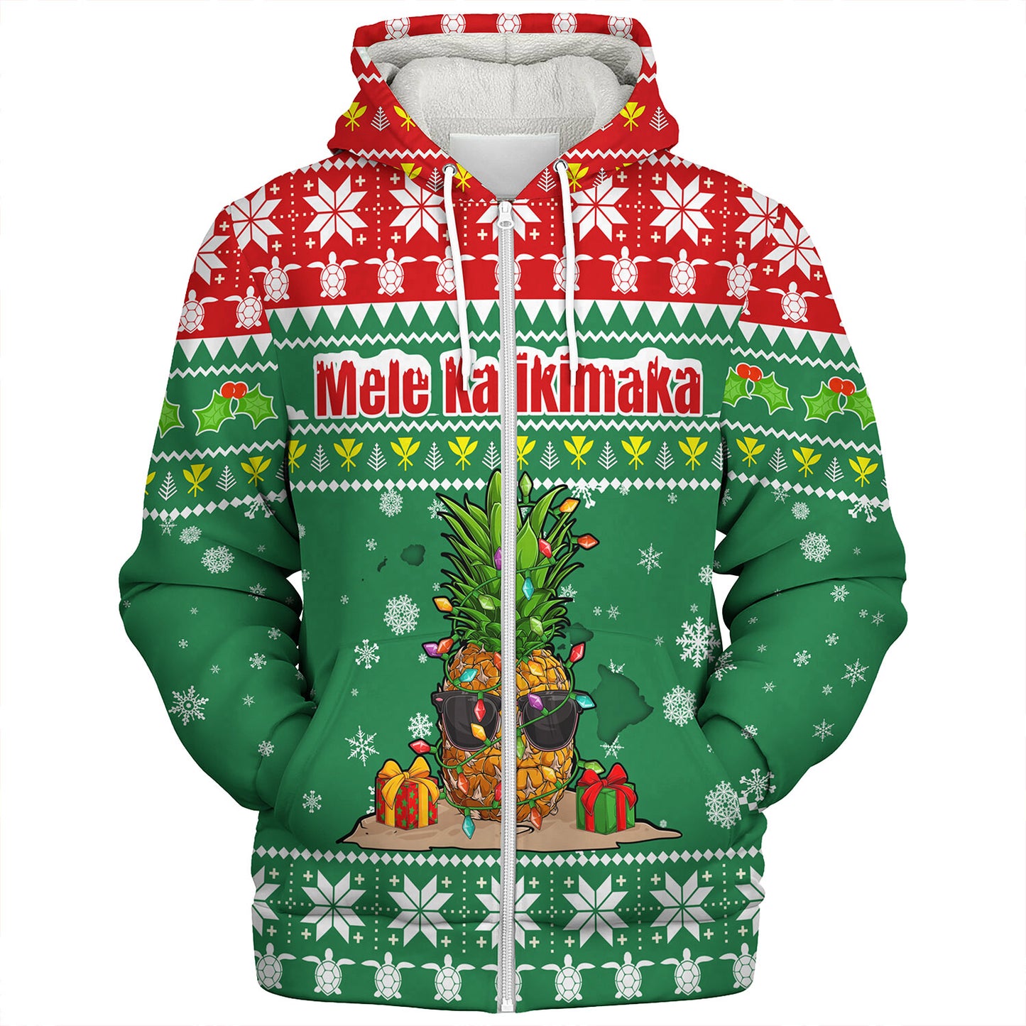 Hawaii Sherpa Hoodie Pineapple Christmas Tree Kanaka Maoli Pattern