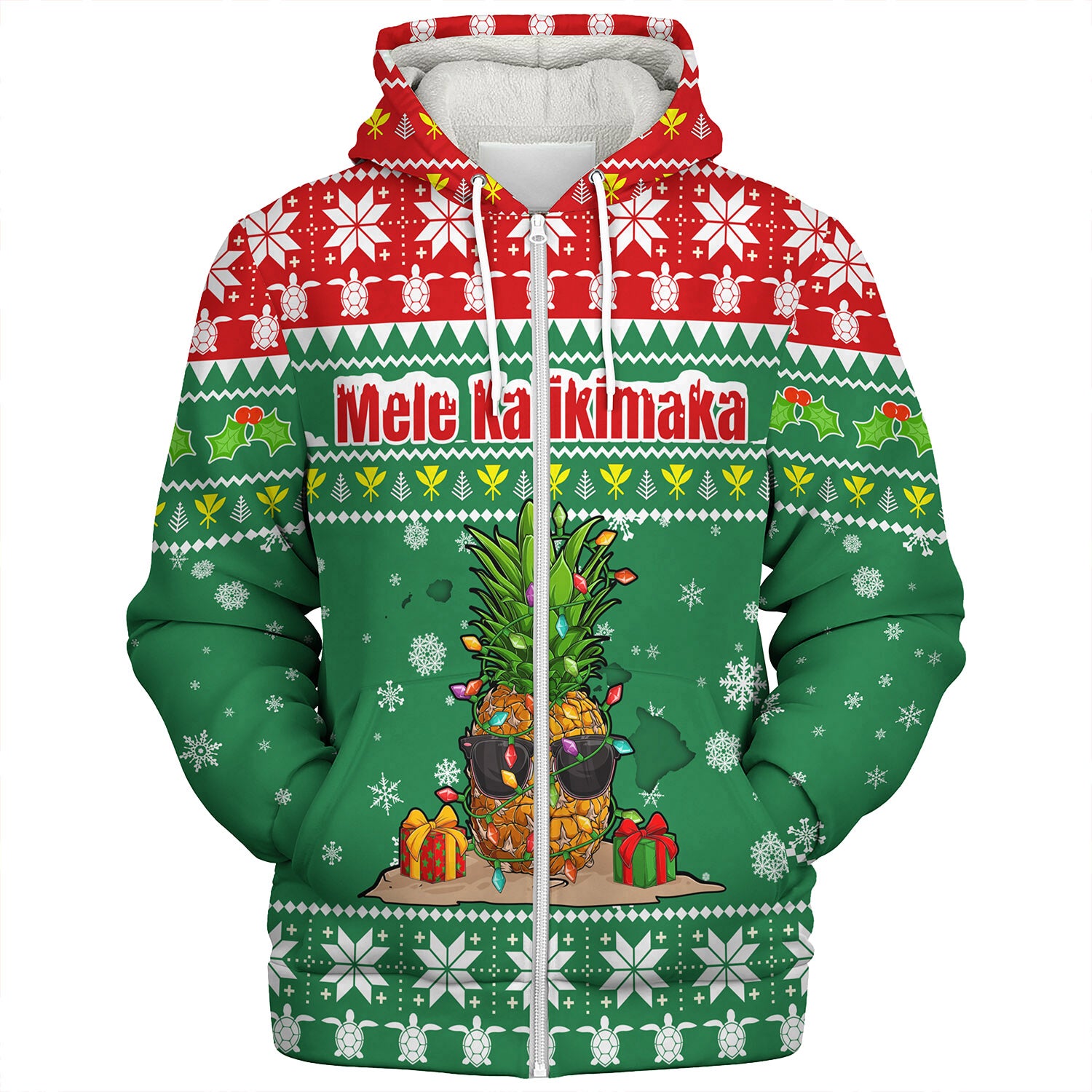 Hawaii Sherpa Hoodie Pineapple Christmas Tree Kanaka Maoli Pattern