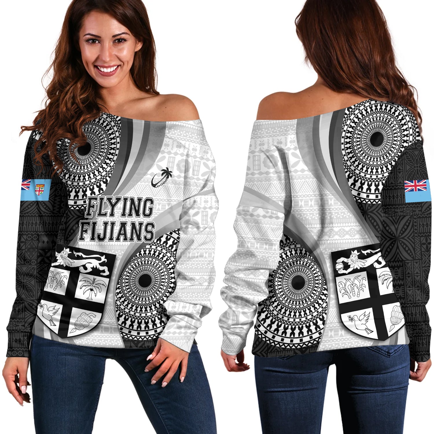 Fiji Off Shoulder Sweatshirt Flying Fijians Rugby Tribal Pattern With Shield 2023
