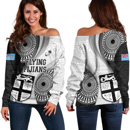 Fiji Off Shoulder Sweatshirt Flying Fijians Rugby Tribal Pattern With Shield 2023