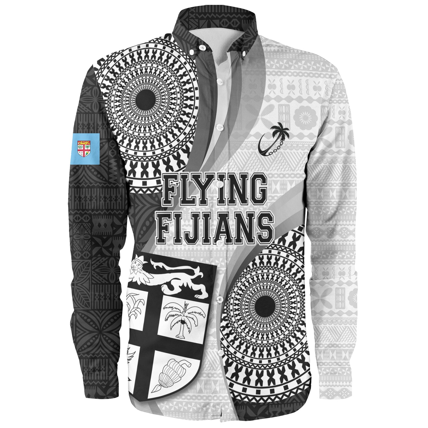 Fiji Long Sleeve Shirt Flying Fijians Rugby Tribal Pattern With Shield 2023