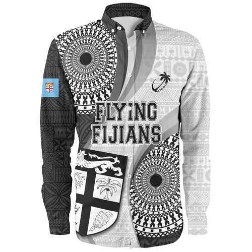 Fiji Long Sleeve Shirt Flying Fijians Rugby Tribal Pattern With Shield 2023