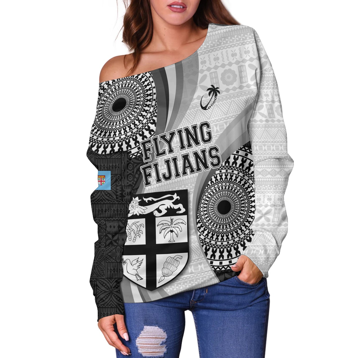 Fiji Off Shoulder Sweatshirt Flying Fijians Rugby Tribal Pattern With Shield 2023