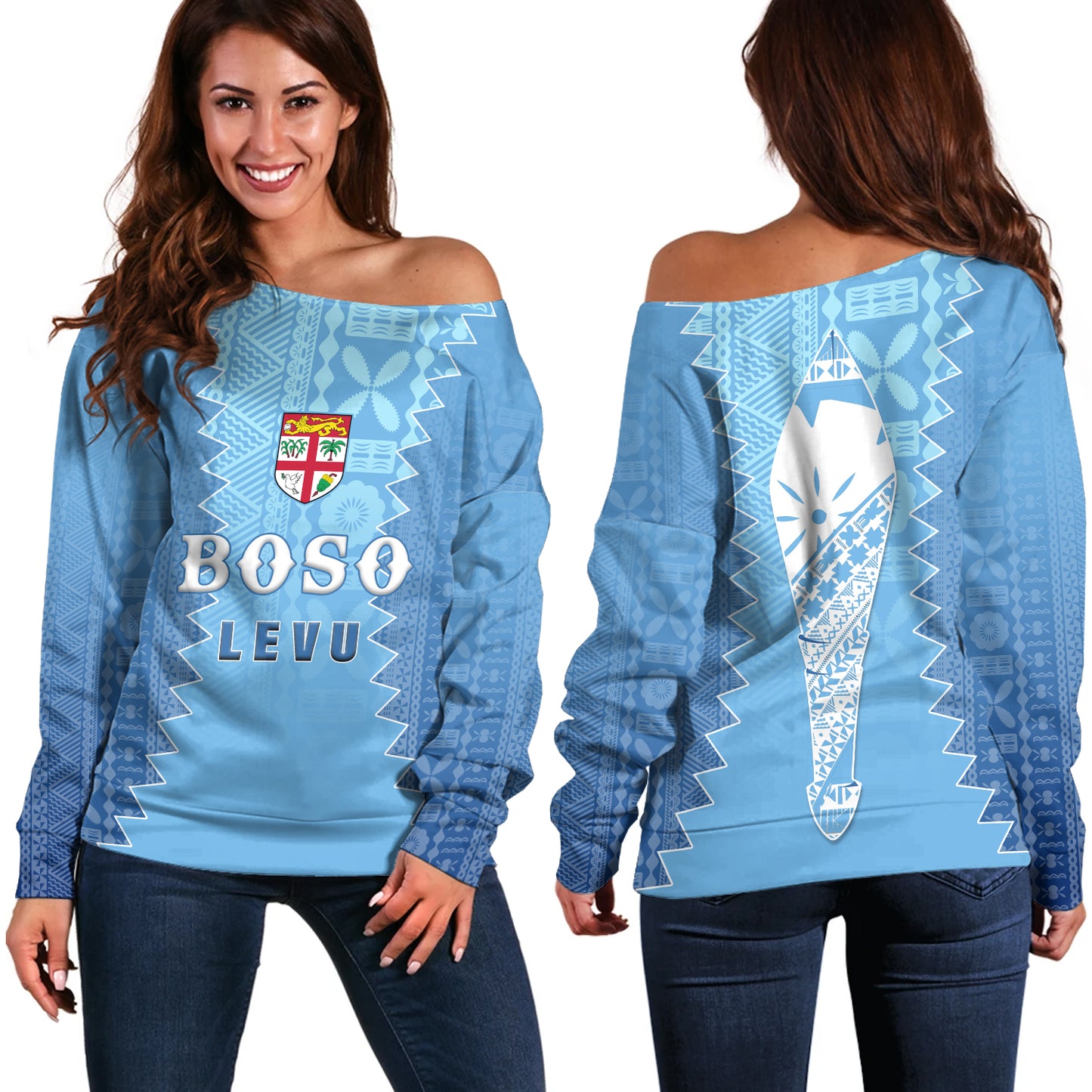 Fiji Off Shoulder Sweatshirt Boso Levu With Fijian War Club Polynesian