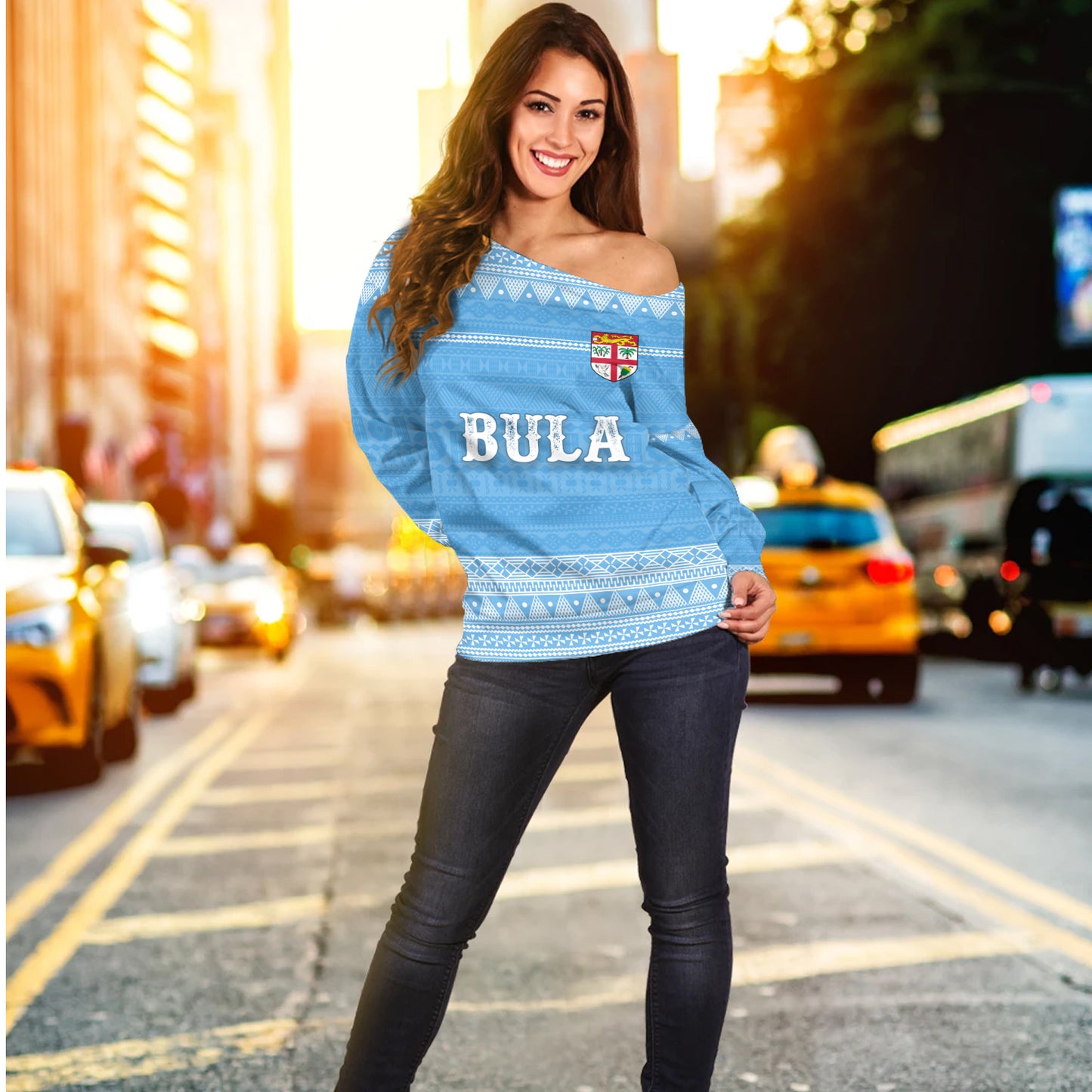Fiji Off Shoulder Sweatshirt Bula Coat Of Arm Of Fiji Polynesian