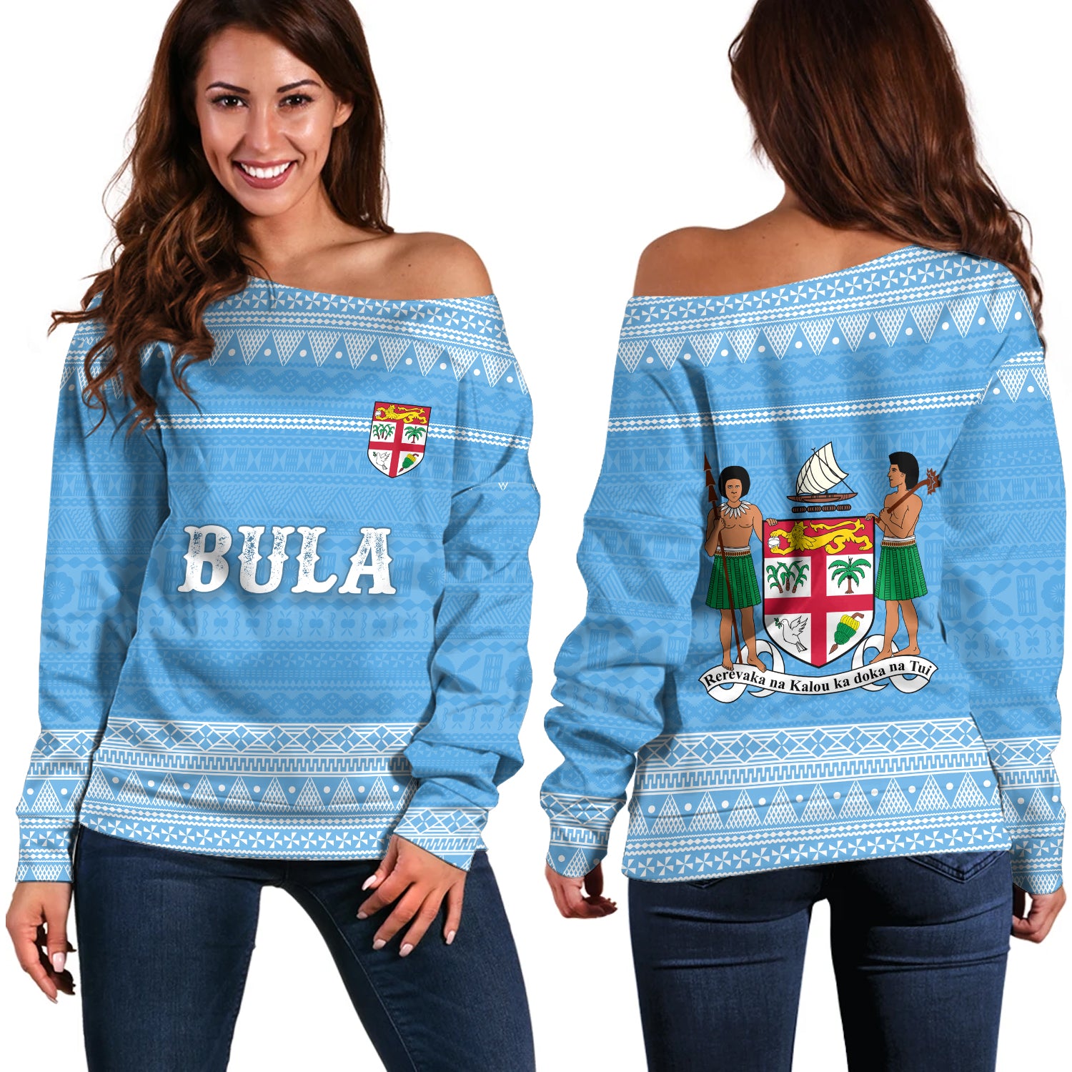 Fiji Off Shoulder Sweatshirt Bula Coat Of Arm Of Fiji Polynesian
