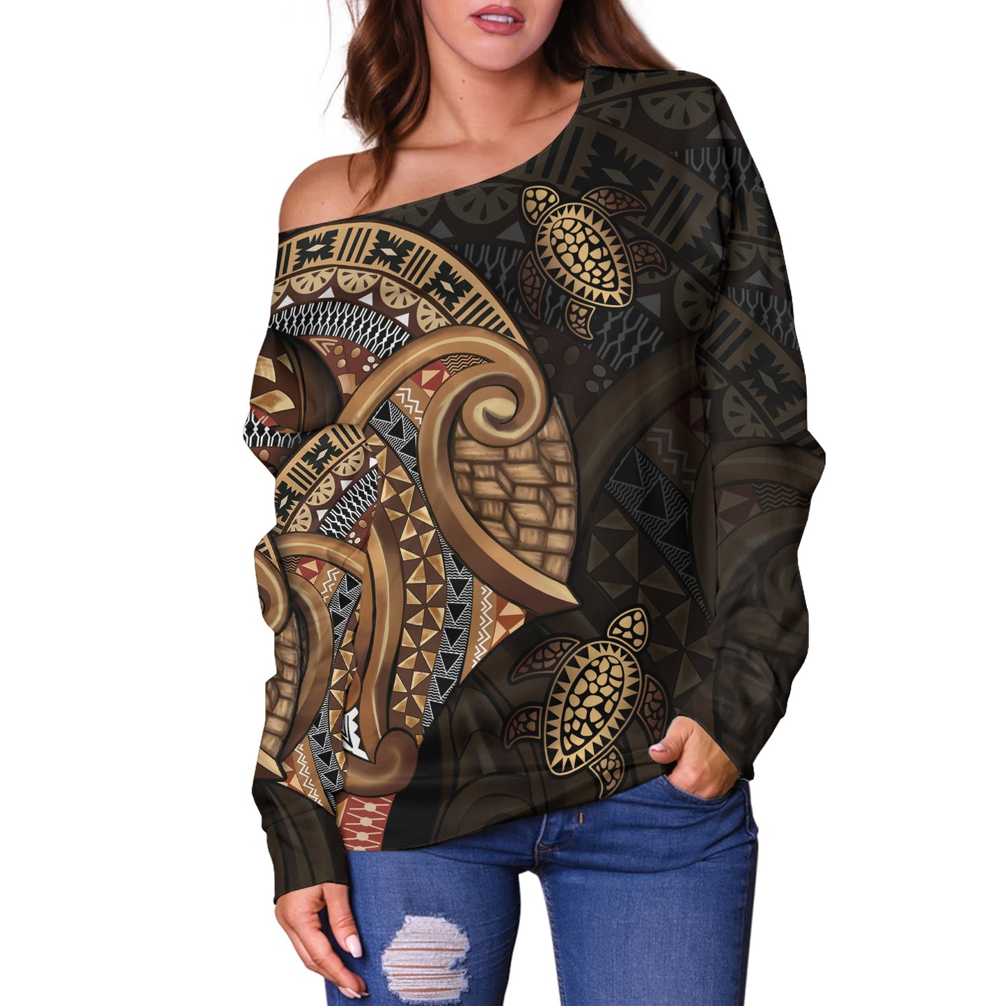 Fiji Off Shoulder Sweatshirt Golden Turtles Fiji Tribal Pattern