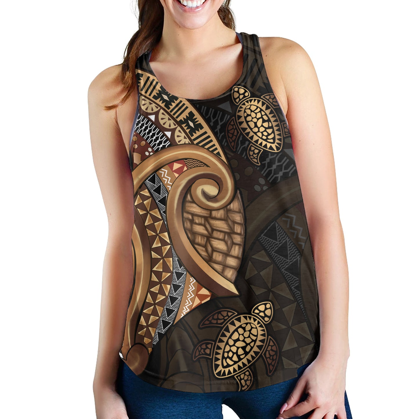 Fiji Women Tank Golden Turtles Fiji Tribal Pattern
