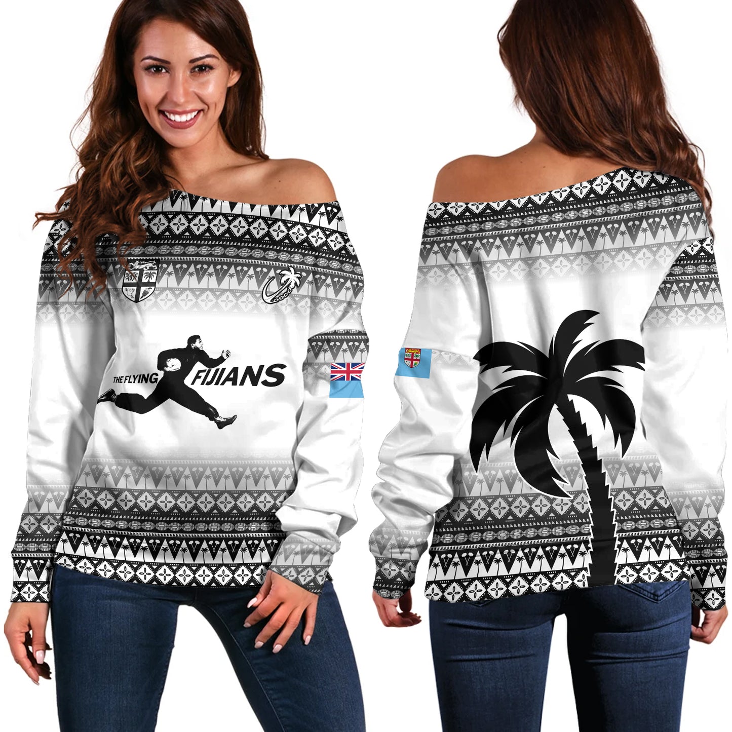 Fiji Off Shoulder Sweatshirt Vintage Flying Fijians Rugby Tribal Pattern 2023