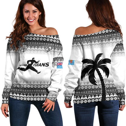 Fiji Off Shoulder Sweatshirt Vintage Flying Fijians Rugby Tribal Pattern 2023