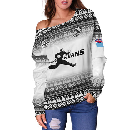 Fiji Off Shoulder Sweatshirt Vintage Flying Fijians Rugby Tribal Pattern 2023