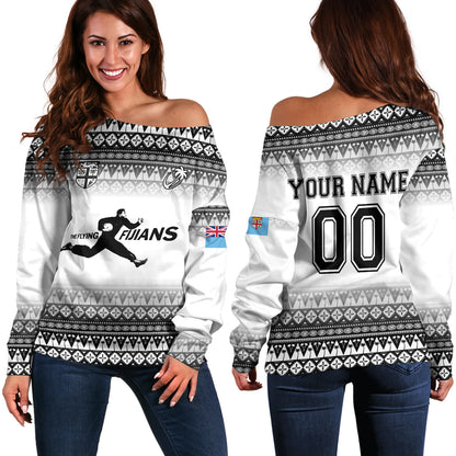 Fiji Off Shoulder Sweatshirt Vintage Flying Fijians Rugby Tribal Pattern 2023