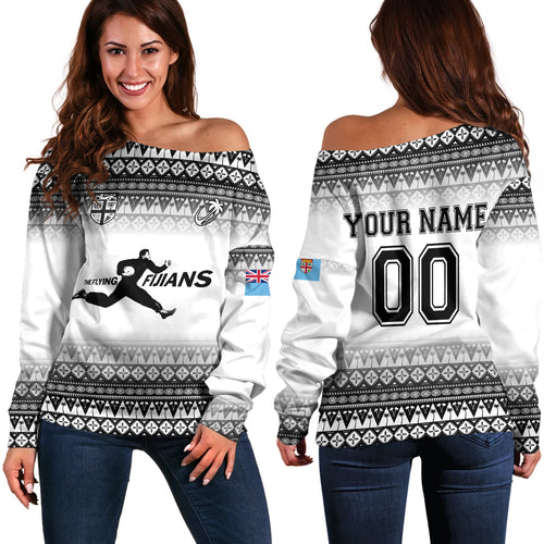 Fiji Off Shoulder Sweatshirt Vintage Flying Fijians Rugby Tribal Pattern 2023