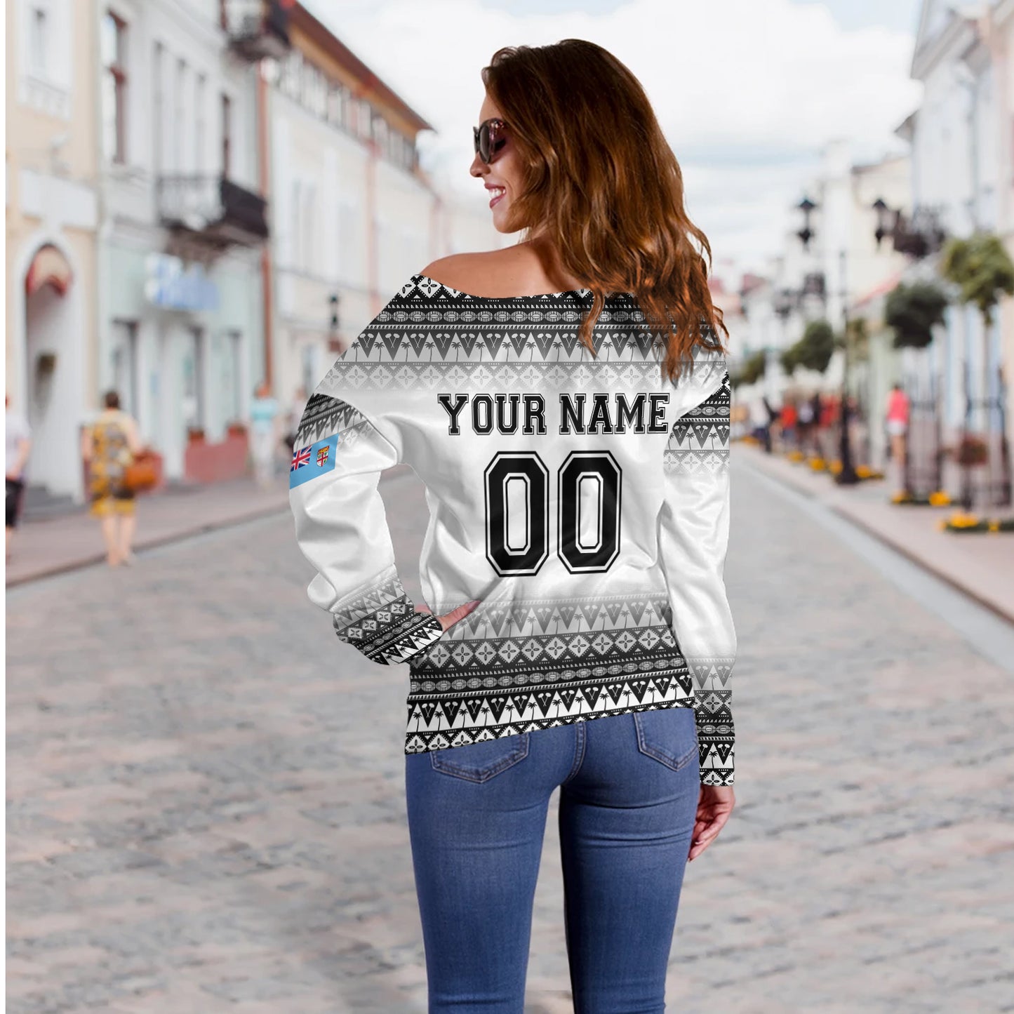 Fiji Off Shoulder Sweatshirt Vintage Flying Fijians Rugby Tribal Pattern 2023