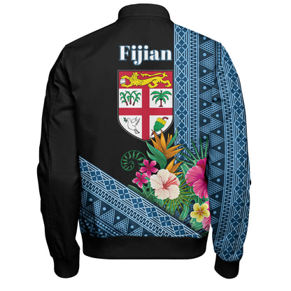 Fiji Bomber Jacket Polynesia Pattern With Tropical Flower